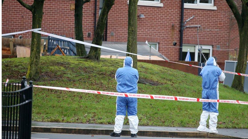 Forensic officers examining scene of the explosion in east Belfast