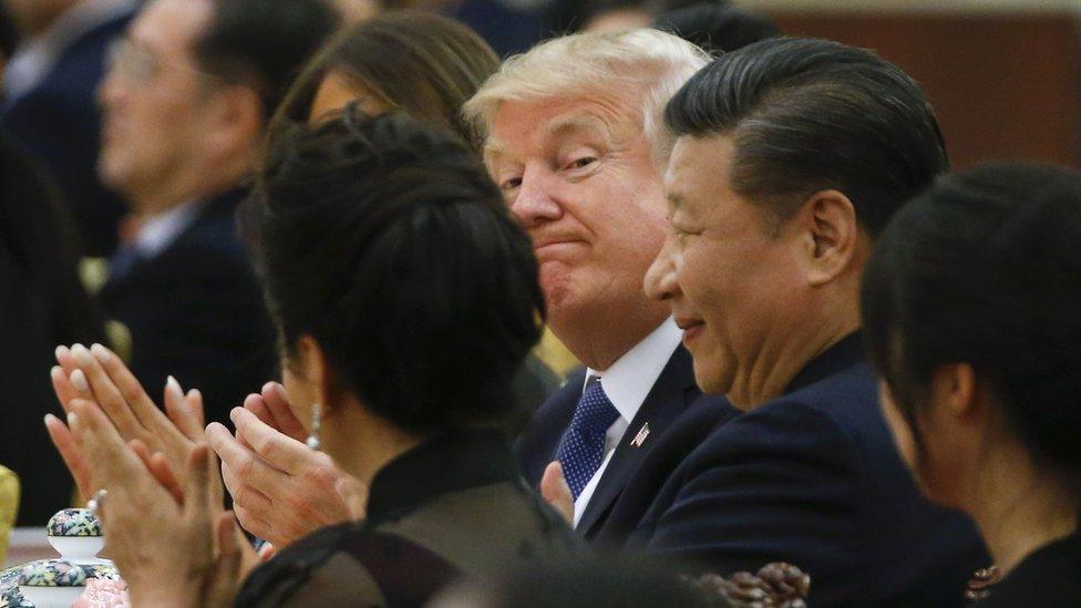 President Donald Trump and China"s President Xi Jinping attend at a state dinner at the Great Hall of the People on November 9, 2017 in Beijing, China