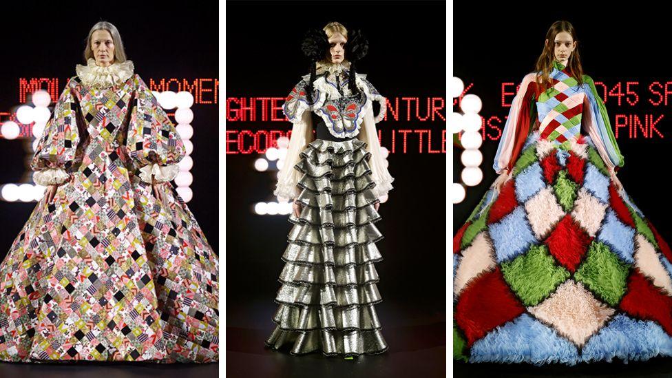 Three designs for Valentino, including pleats, harlequin and quilted material.