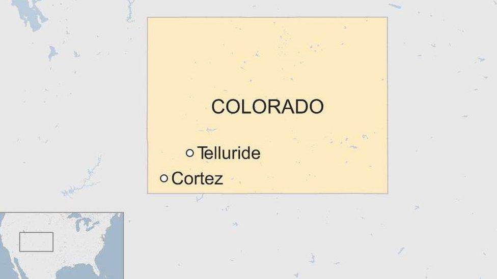 A map showing the state if Colorado with Telluride and Cortez marked