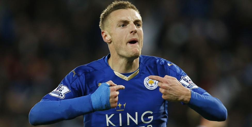 Jamie Vardy celebrates scoring in an 11th consecutive league match