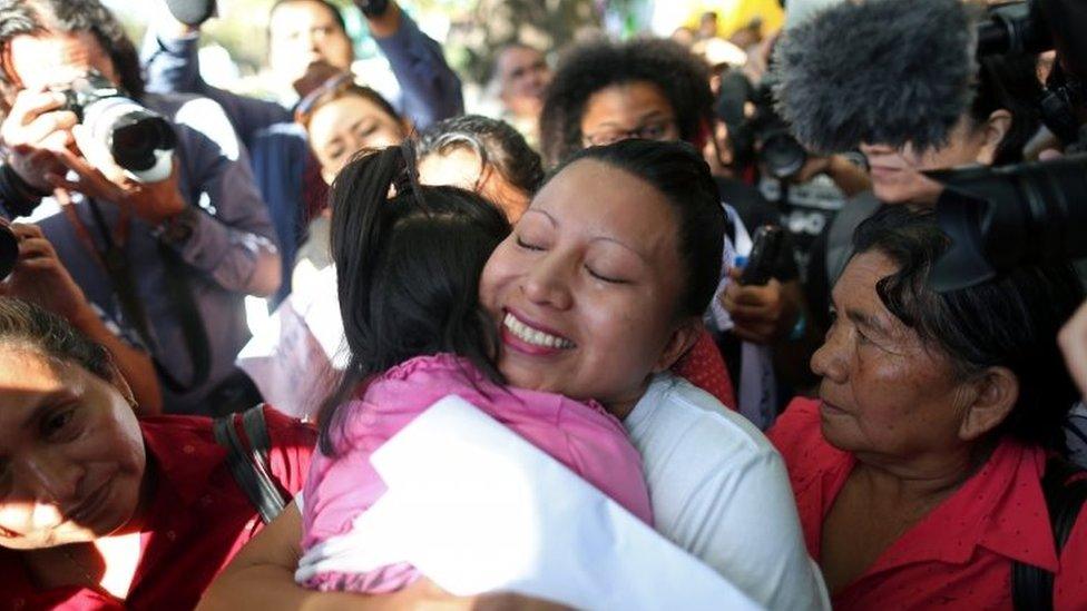 Teodora del Carmen Vasquez hugs her niece as she walks out of jail after her 30-year sentence was commuted by the Supreme Court of El Salvador, in Ilopango, El Salvador February 15, 2018