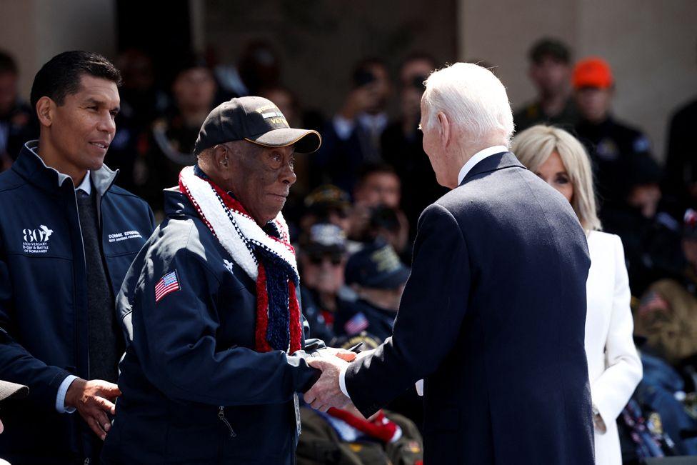 U.S President Joe Biden and first lady Jill Biden attend a ceremony to mark the 80th anniversary of D-Day at the Normandy American Cemetery and Memorial in Colleville-sur-Mer, France, June 6, 2024.