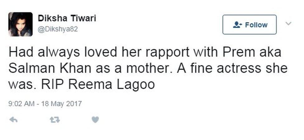 Had always loved her rapport with Prem aka Salman Khan as a mother. A fine actress she was. RIP Reema Lagoo