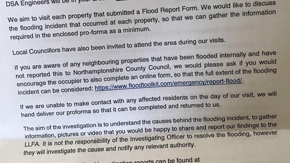 Letter sent to flood victims in Northampton from Northamptonshire County Council.