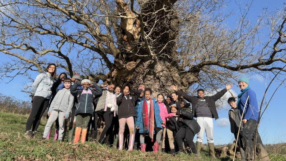 A group of children and adults standing next to a big tree