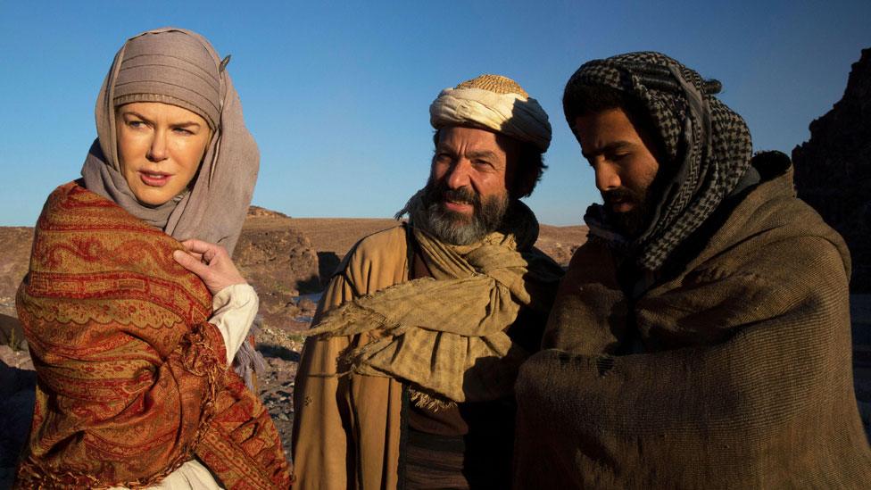 A still from Queen of the Desert, featuring Nicole Kidman as Gertrude Bell and Jay Abdo as her guide, Fattuh