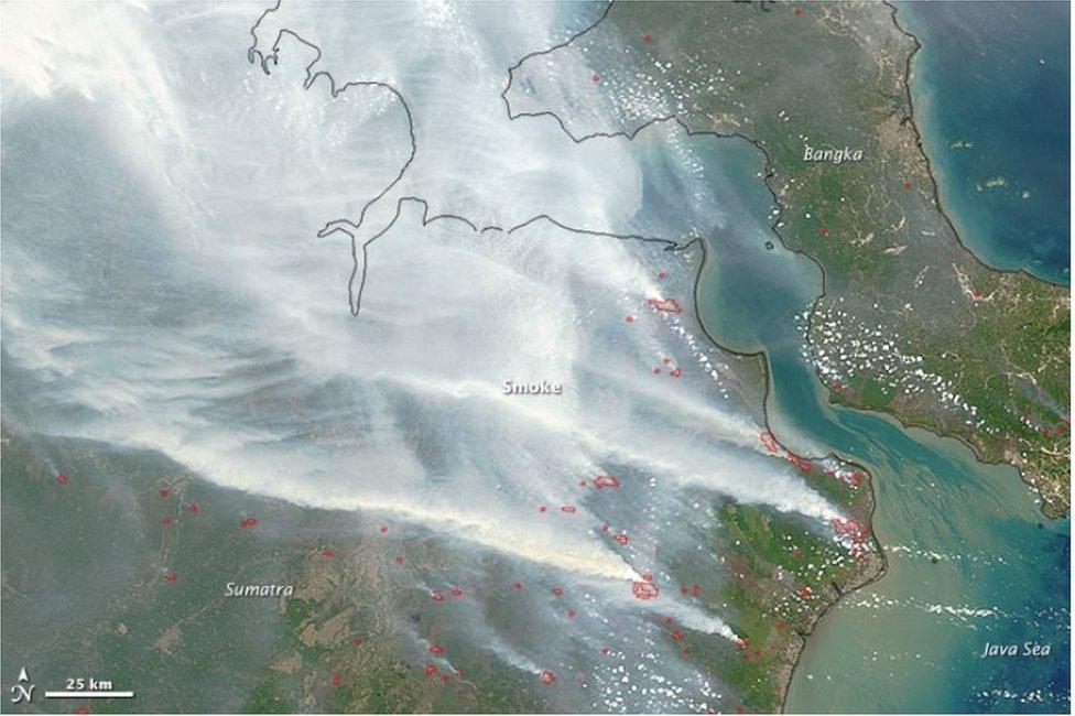 Satellite images of the haze caused by forest fires in Indonesia on 24 September 2015