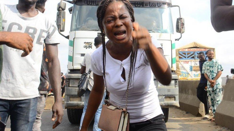 The Youths of End Sars Protesters gather to barricade the Lagos - Ibadan expressway, the oldest highway and major link to all parts of the country, on October 16, 2020