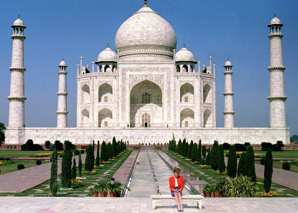 Diana, Princess of Wales in front of the Taj Mahal, during a Royal tour of India. Diana,