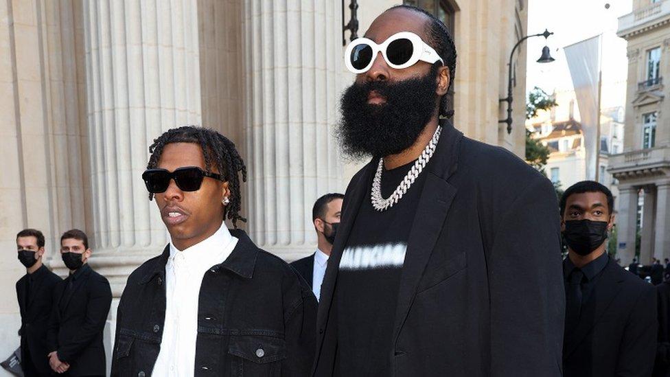 Lil Baby and James Harden are seen arriving at a Balenciaga dinner at the Bourse De Commerce Pinault Collection on July 07, 2021 in Paris, France