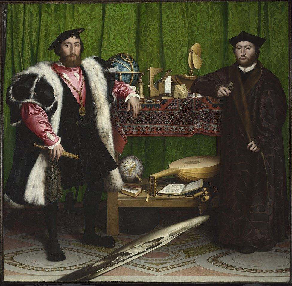 The Ambassadors (also known as Jean de Dinteville and Georges de Selve), 1533 by Hans Holbein the Younger