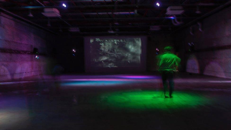 The inside of the base's old bowling alley which has been turned into an art installation