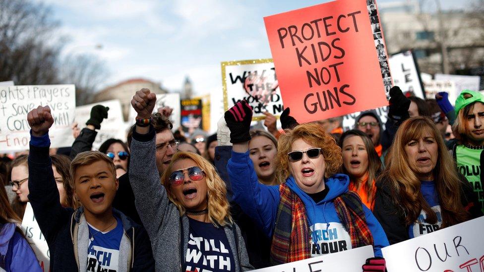 Demonstrators chant as students and gun control advocates hold the "March for Our Lives" event demanding gun control after recent school shootings at a rally in Washington