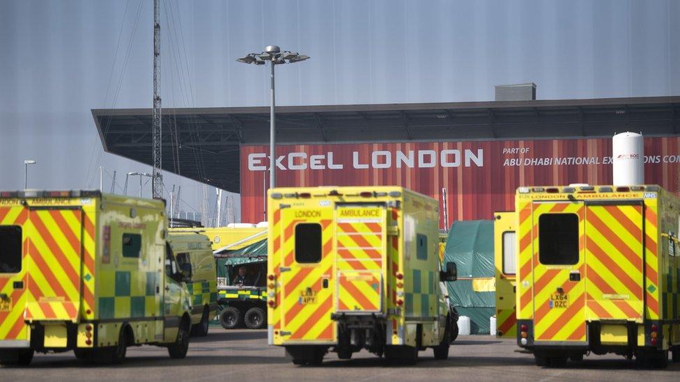 Ambulances outside the NHS Nightingale Hospital at the ExCel centre in London,