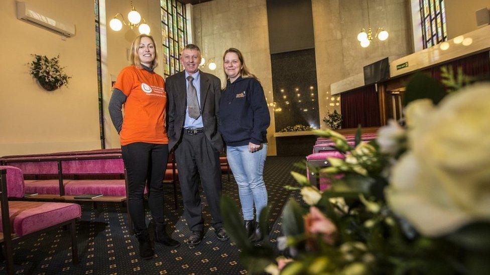 Janet Price from NECCR (left,) Graham Harrison from Durham County Council and and Jill Mackey from Sands, at Mounsett Crematorium