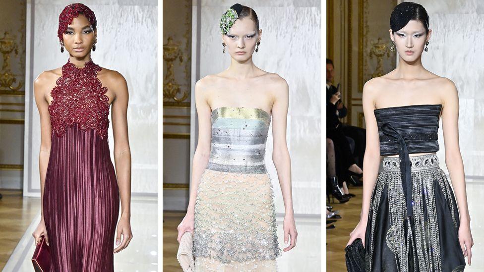 Three models walk the runway for Armani Privé, wearing designs from the spring Haute Couture line.