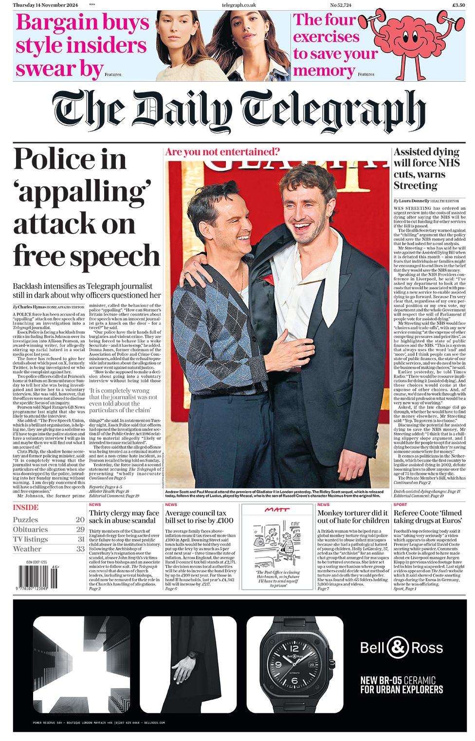 The headline in the Telegraph reads: "Police in 'appalling' attack on free speech". 