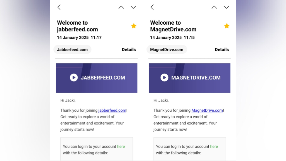 Welcome emails from jabberfeed.com and MagnetDrive.com