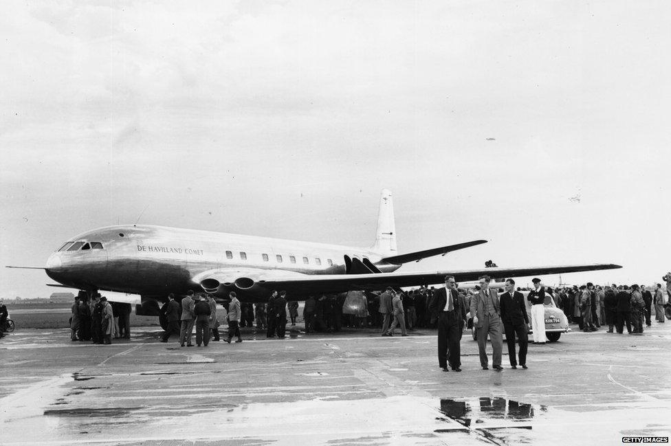 The de Havilland 'Comet' 34-seater jet on the tarmac at London Airport (Heathrow). It flew to Castel Benito in North Africa and back in 6 hours 37 minutes, October 1949