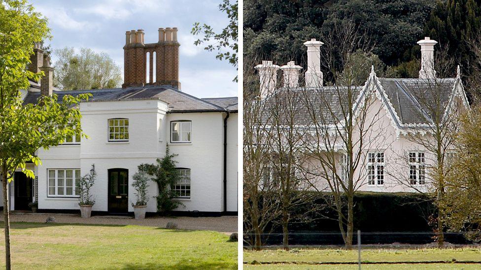 A composite image shows on the left Frogmore Cottage and on the right Adelaide Cottage, both located in Windsor, they are both medium-sized rural residential buildings painted in white and cream respectively.
