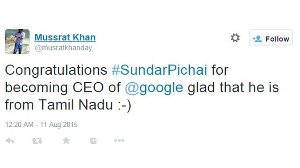 Congratulations #SundarPichai for becoming CEO of @google glad that he is from Tamil Nadu :-)