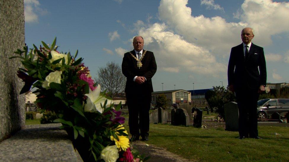 Lord Mayor Frank McCoubrey (centre) laid a wreath at the City Cemetery