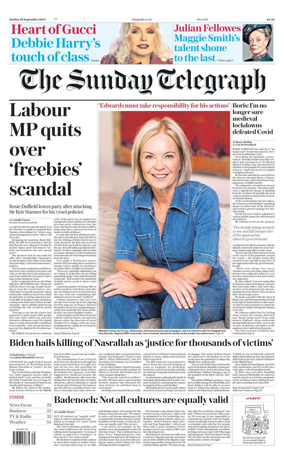 Front page for The Sunday Times for 29 September