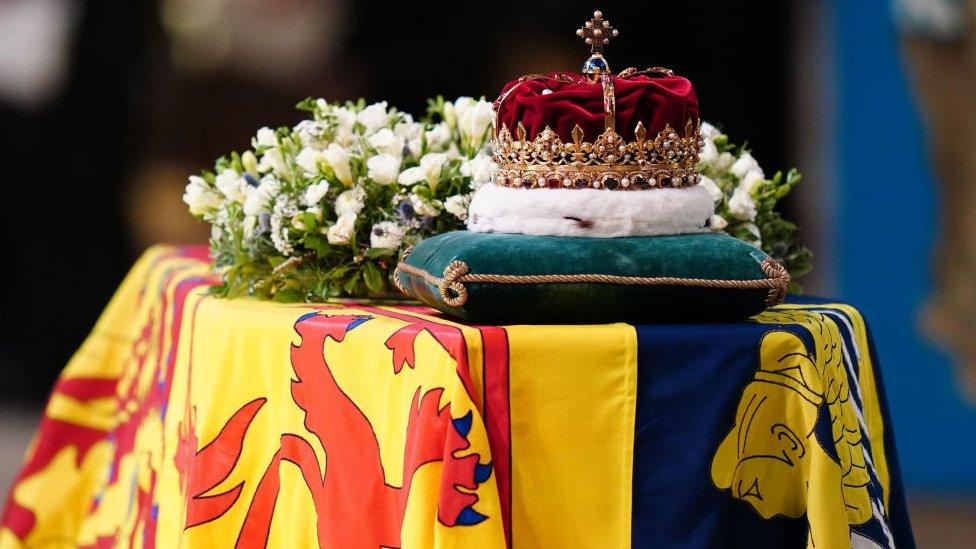 The Crown of Scotland sits atop the coffin of Queen Elizabeth II during a Service of Prayer and Reflection for her life at St Giles' Cathedral on September 12, 2022 in Edinburgh.