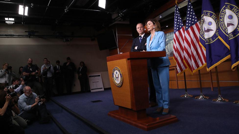 Speaker of the House Nancy Pelosi answers questions with Adam Schiff