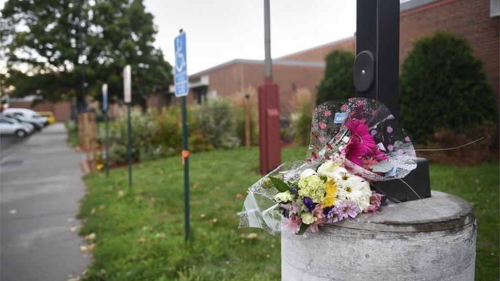 Flowers sit outside the Dal Al Farooq Islamic Center in Bloomington, Minnesota.