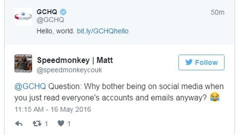 Speedmonkey Matt tweets: At GCHQ Question: Why bother being on social media when you just read everyone's accounts and emails anyway?