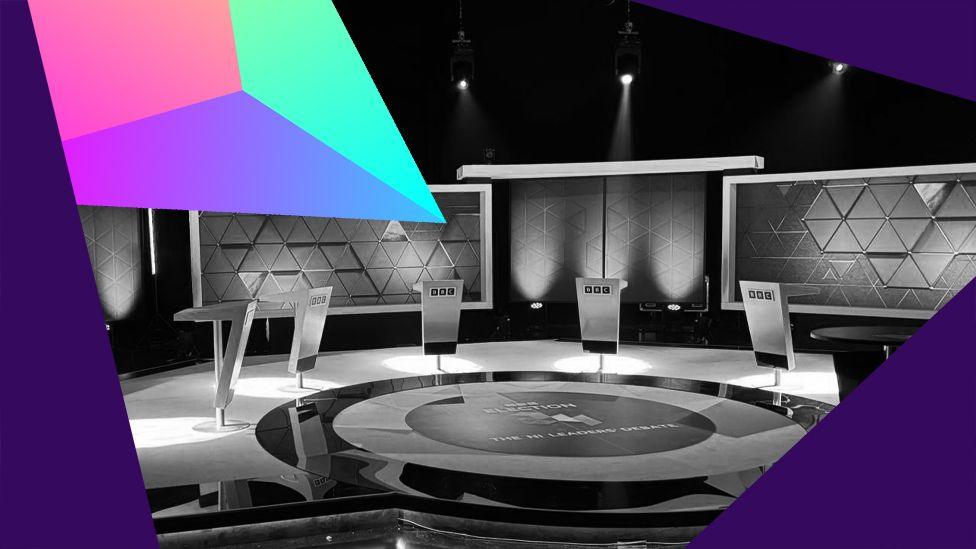 A stylised image in black and white of the empty debate set