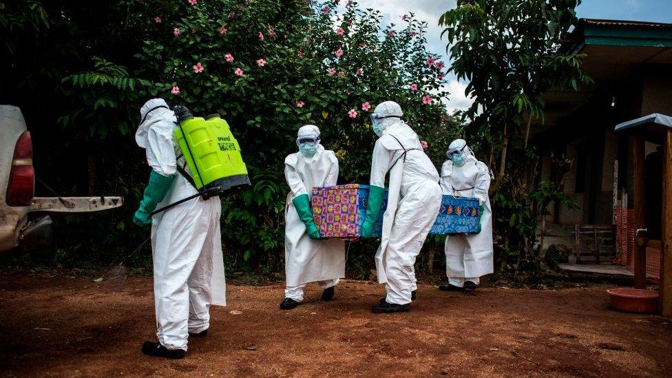 Health workers remove the body of a suspected Ebola victim in North Kivu province, DR Congo