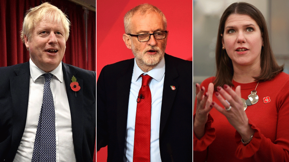 From L-R: Conservative leader Boris Johnson, Labour's Jeremy Corbyn and Jo Swinson of the Liberal Democrats