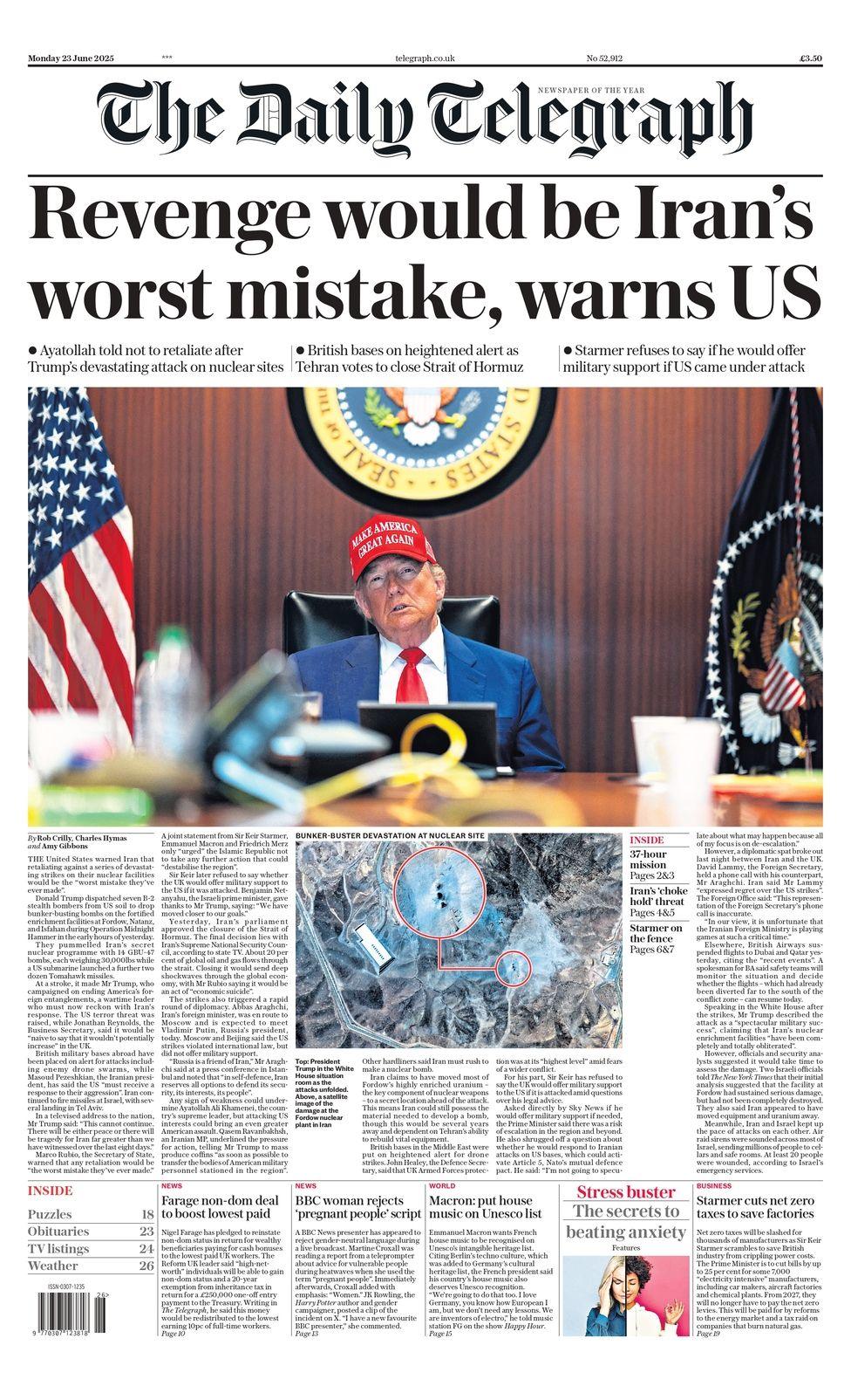 The headline on the front page of the Daily Telegraph reads: "Revenge would be Iran's worst mistake, warns US"
