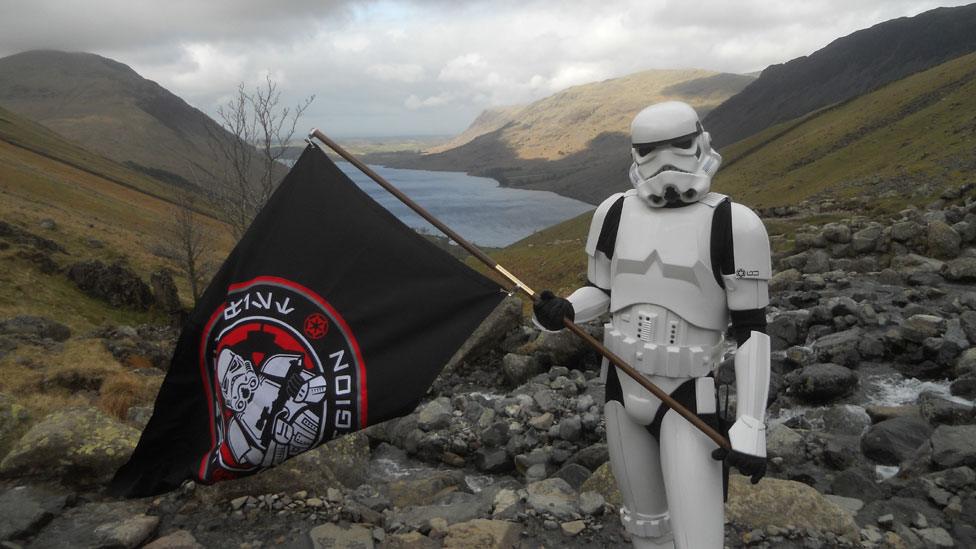 Ashley Broomhall in stormtrooper costume during walk up Scafell Pike