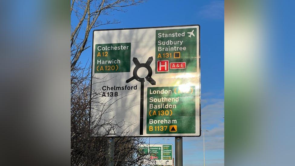 Road sign on the A131 on the outskirts of Chelmsford