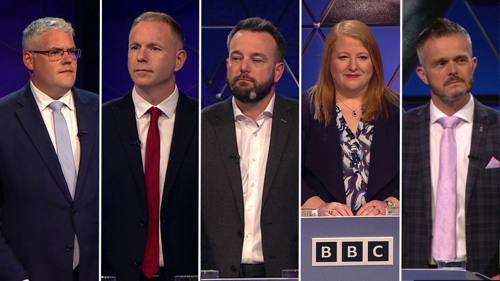 Democratic Unionist Party (DUP) leader Gavin Robinson, Sinn Féin's Chris Hazzard, Social Democratic and Labour Party (SDLP) leader Colum Eastwood, Alliance leader Naomi Long and Ulster Unionist Party (UUP) deputy leader Robbie Butler