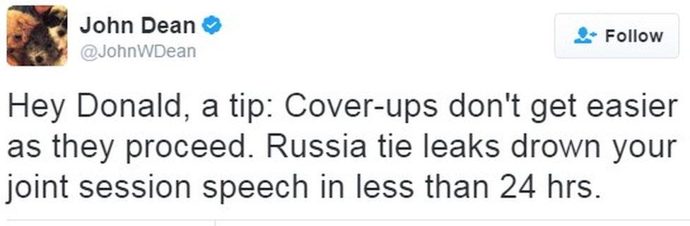 "Hey Donald, a tip: Cover-ups don't get easier as they proceed. Russia tie leaks drown your joint session speech in less than 24 hrs."