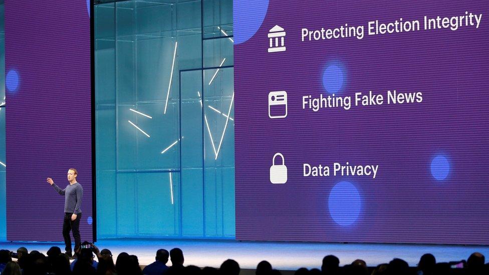 Facebook CEO Mark Zuckerberg speaks about protecting election integrity, fighting "fake news" and data privacy at Facebook Inc"s annual F8 developers conference in San Jose, California, U.S. May 1, 2018.