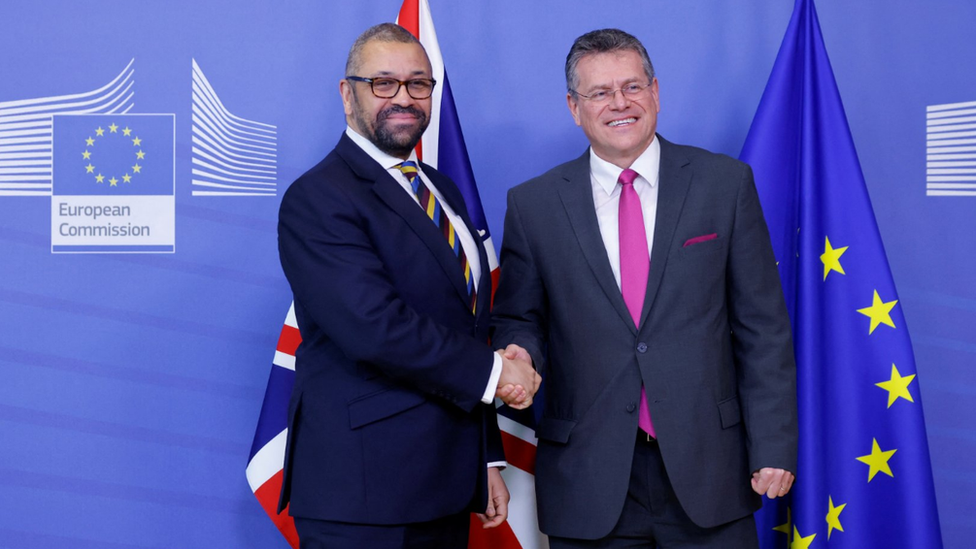 James Cleverly shakes hands with Maroš Šefčovič in Brussels on 17 February