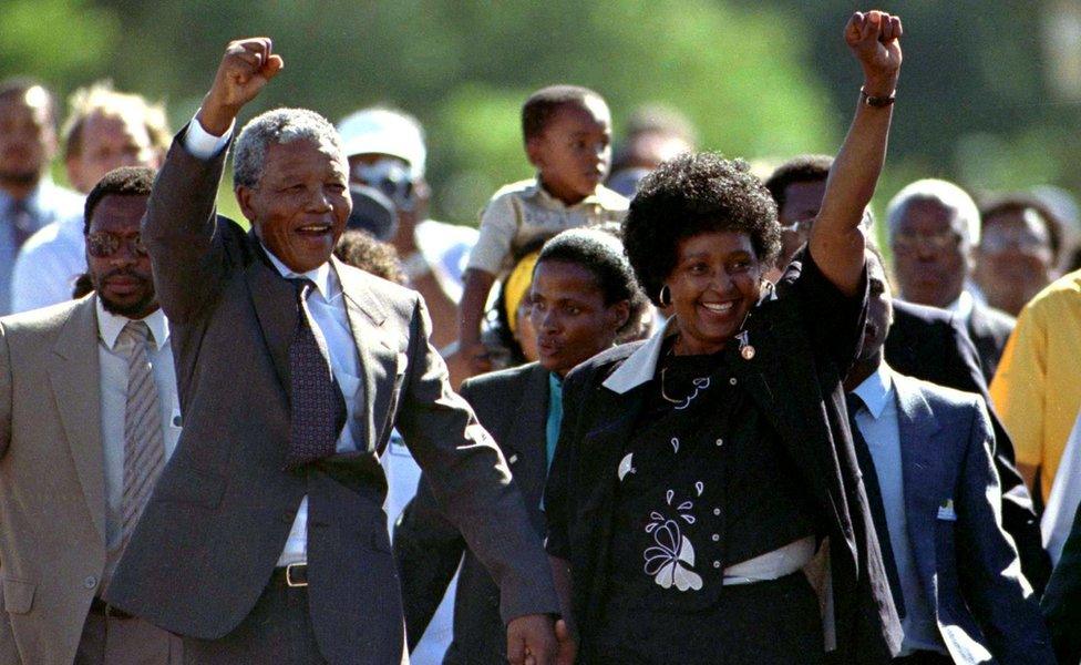 Nelson Mandela with his wife Winnie Mandela on the day he was released from prison in South Africa on 11 February 1990