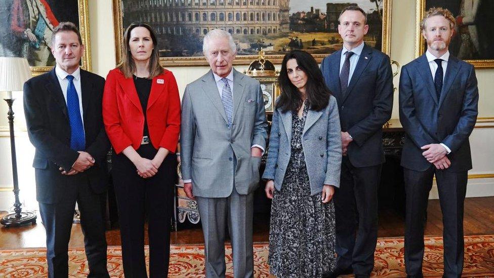 The King seen with representatives from aid agencies, with whom he discussed the humanitarian situation in Gaza