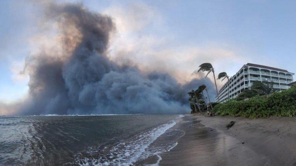 Lahaina with smoke billowing