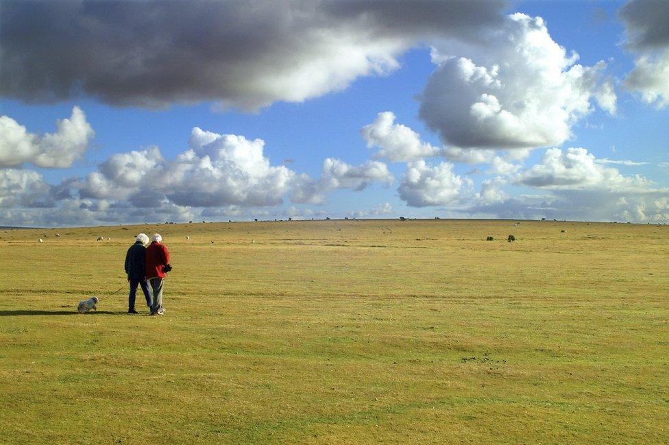 Two women walk their dog on Dartmoor