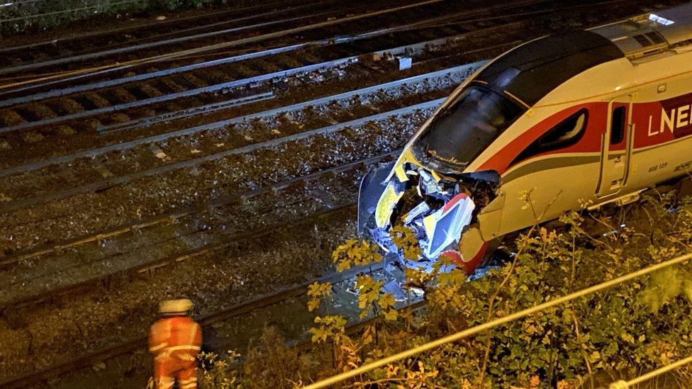 A picture of damage to the front of a train