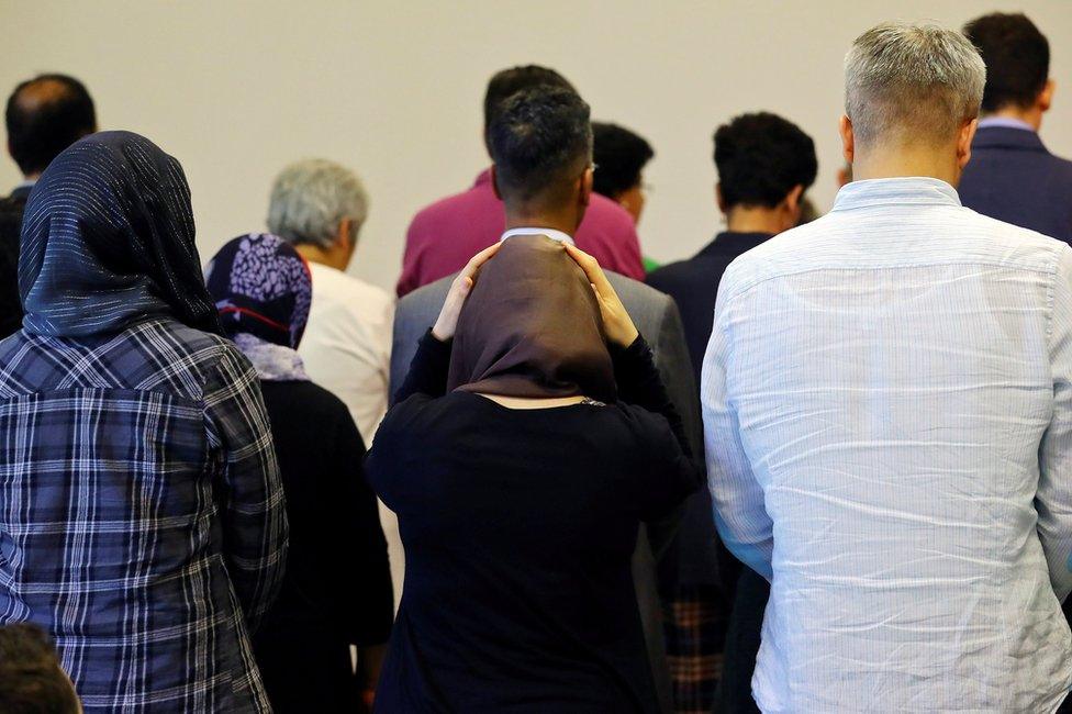 Men and women pray together at the Ibn Rushd-Goethe mosque, 16 June