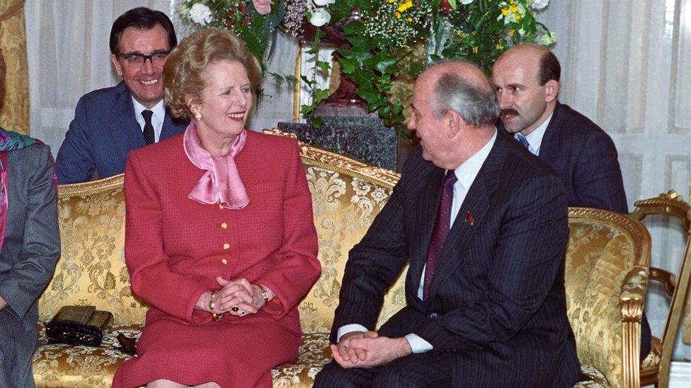 Margaret Thatcher meeting Mikhail Gorbachev in London in April 1989