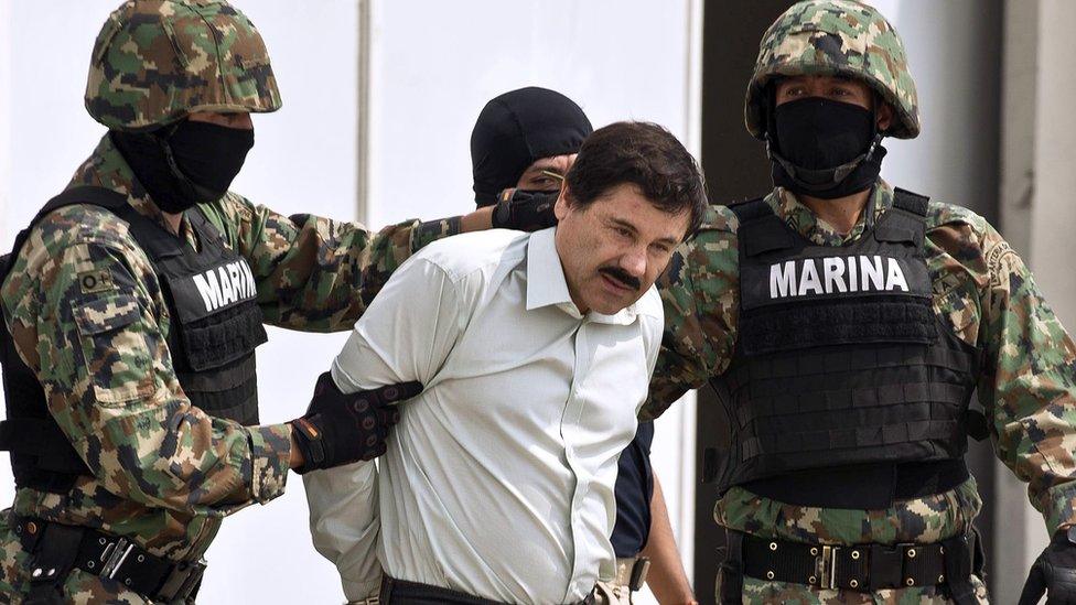 Mexican drug trafficker "El Chapo" is escorted by marines after his arrest in 2014